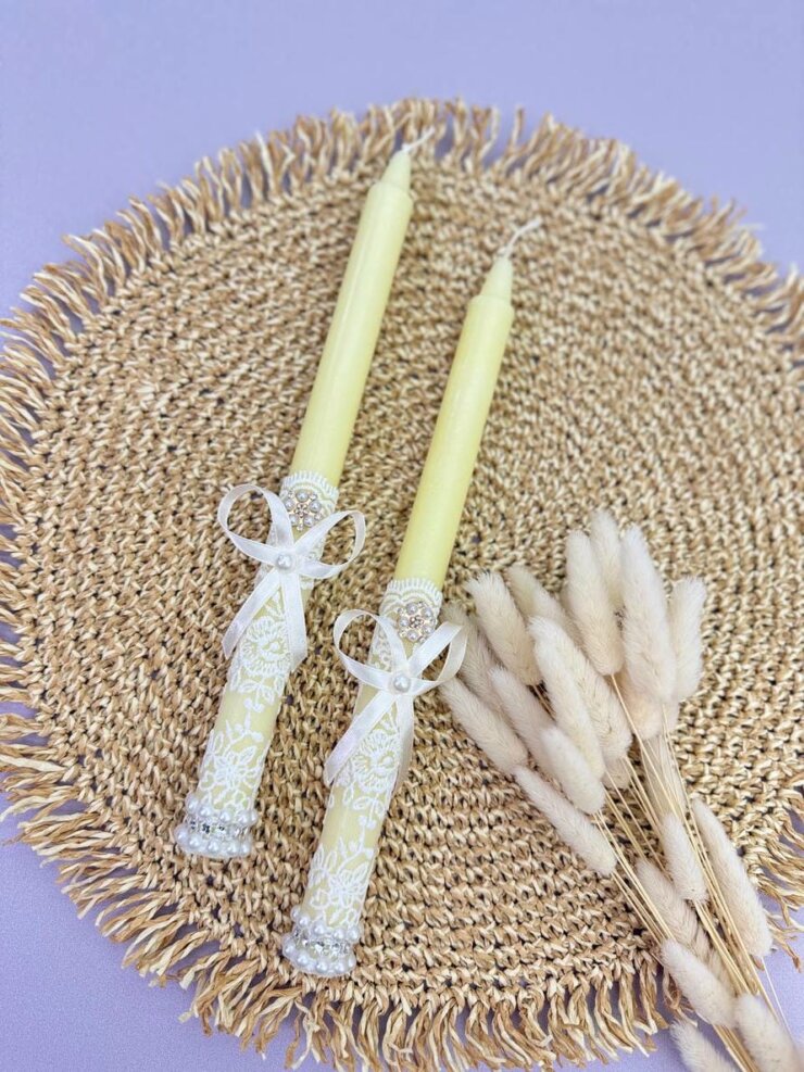 Набір свічок “Елегантна Перлина” (2 шт.), Айворі, Бежеве мереживо для хрещення