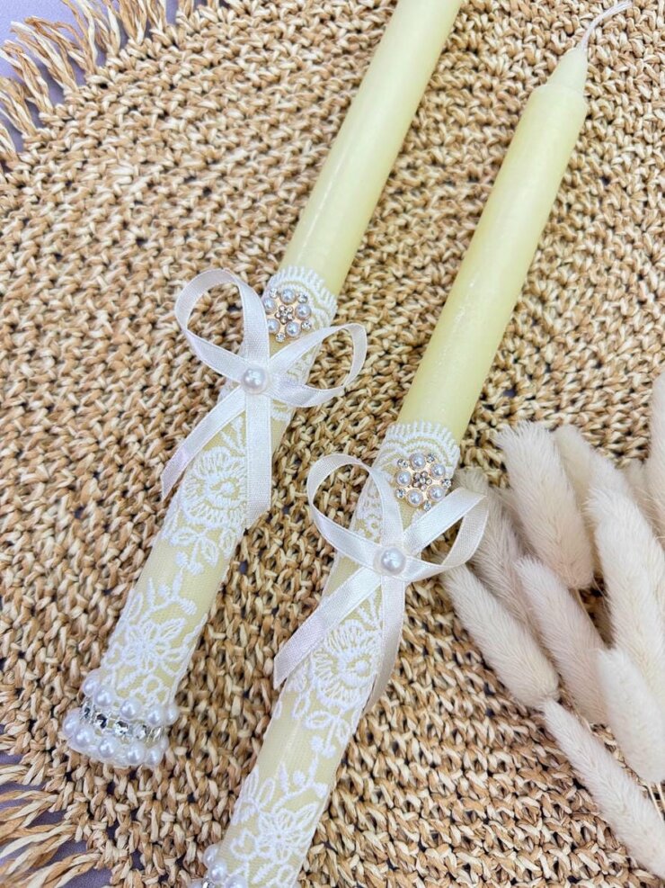 Набір свічок “Елегантна Перлина” (2 шт.), Айворі, Бежеве мереживо для хрещення