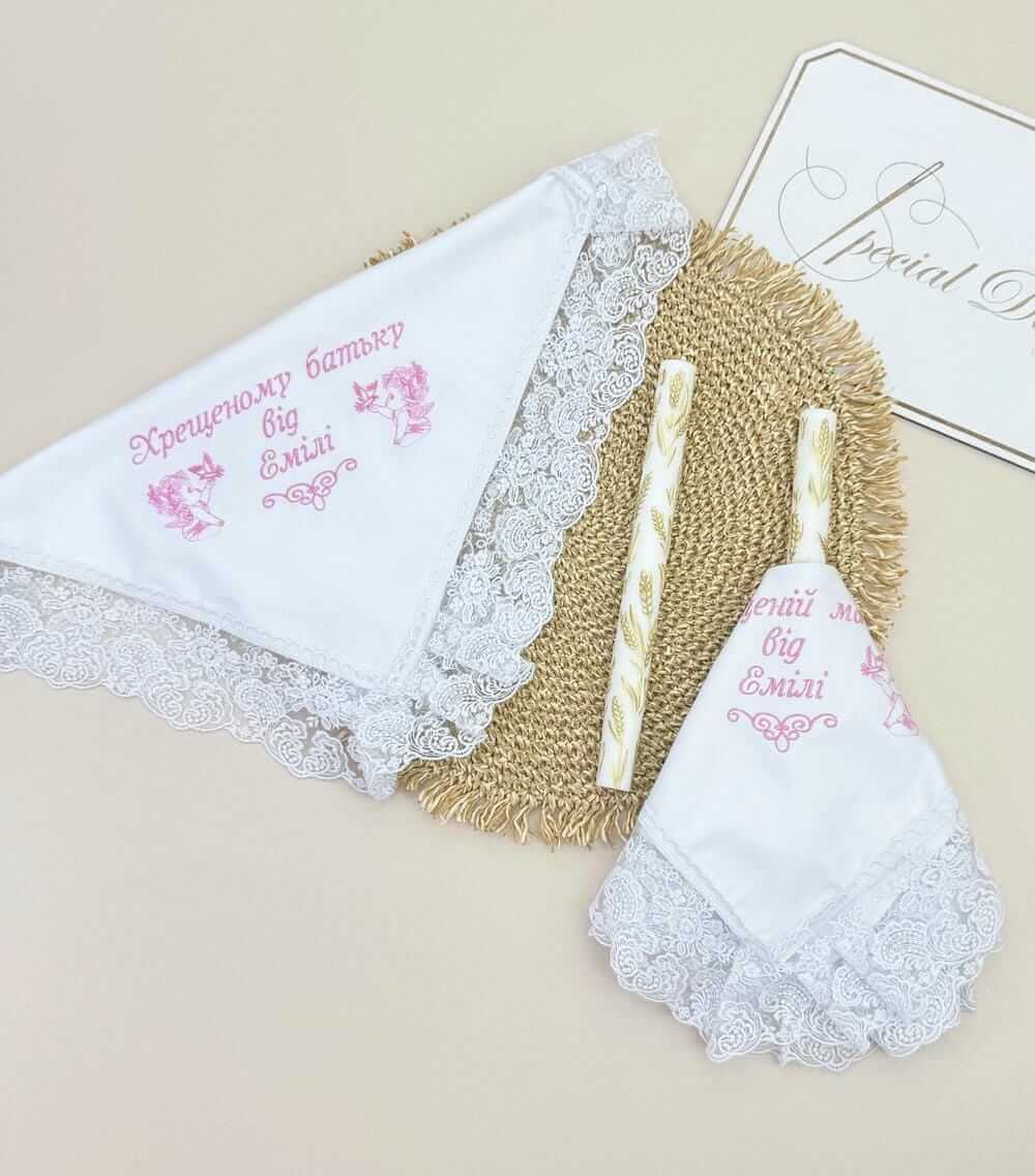 Салфетки для свечей "Розовая Элегия" с капроновым кружевом, именная вышивка