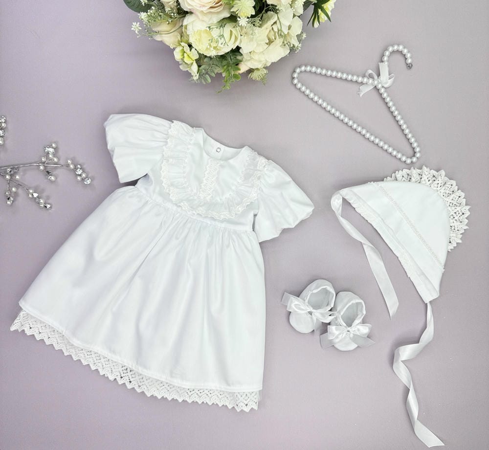 Набір на хрестини дівчинки "Сатинова Ніжність", з бавовняним мереживом