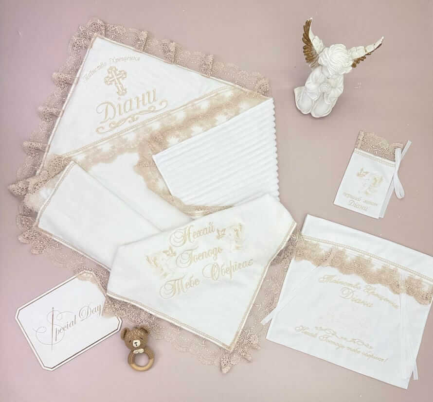 Крижма Зимовий хрестильний набір "Бежевий Страйп" для дівчинки/хлопчика