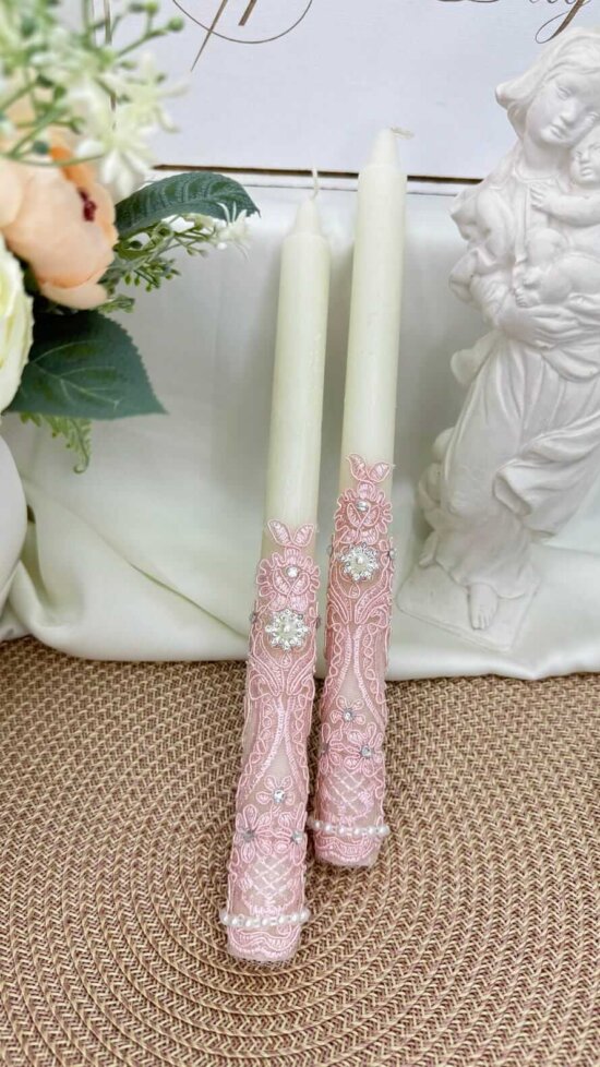 Набір свічок для хрещення (2 шт.), Молочні з рожевим мереживом та перлиною