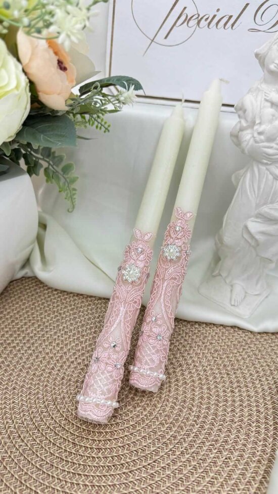 Набір свічок для хрещення (2 шт.), Молочні з рожевим мереживом та перлиною