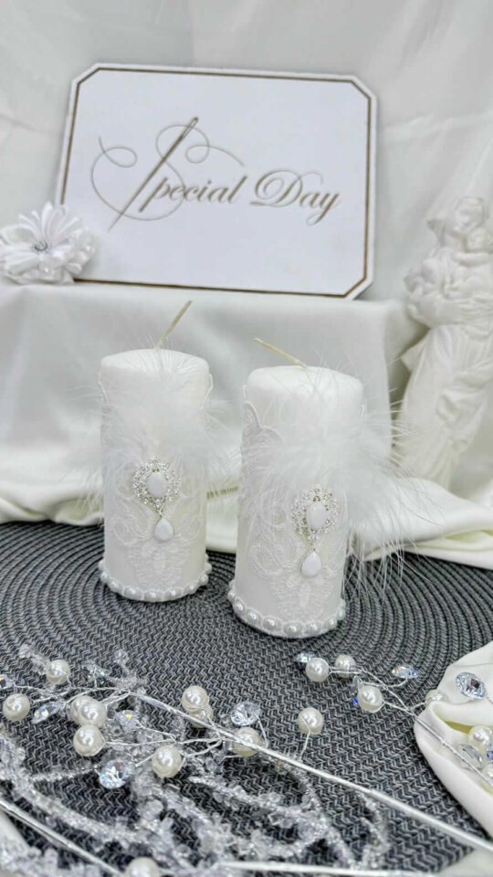Набір свічок “Біле Перо” (2 шт.), білі, з пір’ям та перлиною