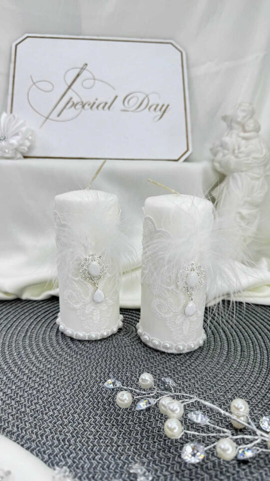 Набір свічок “Біле Перо” (2 шт.), білі, з пір’ям та перлиною