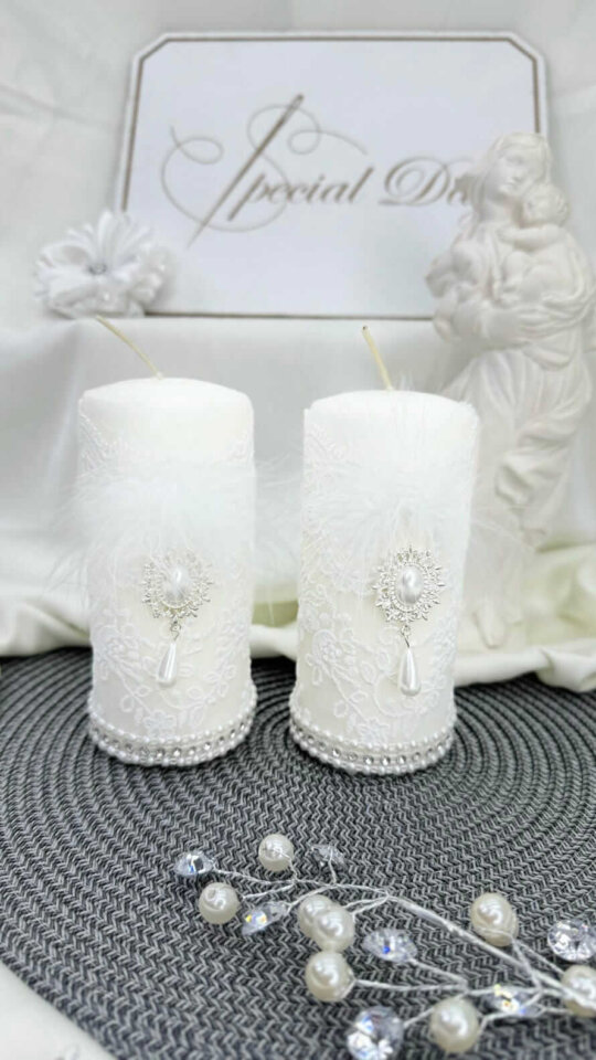 Набір свічок "Біле Перо" (2 шт.), білі, з пір'ям та перлиною