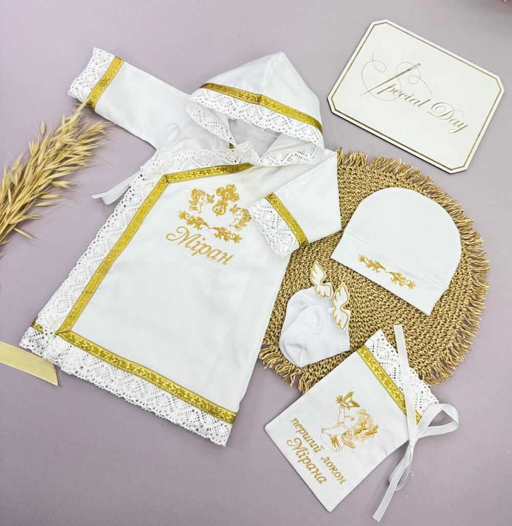 Набір хрестильного одягу "Золотий Хрест",іменна вишивка