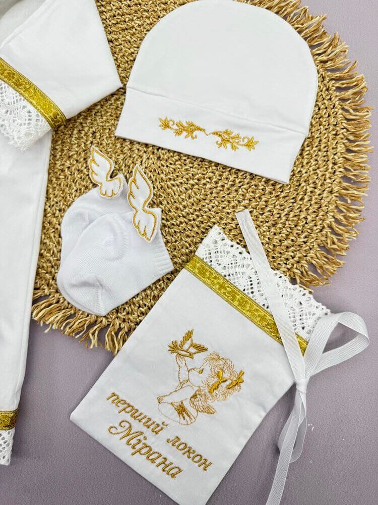 Набір хрестильного одягу “Золотий Хрест”,іменна вишивка