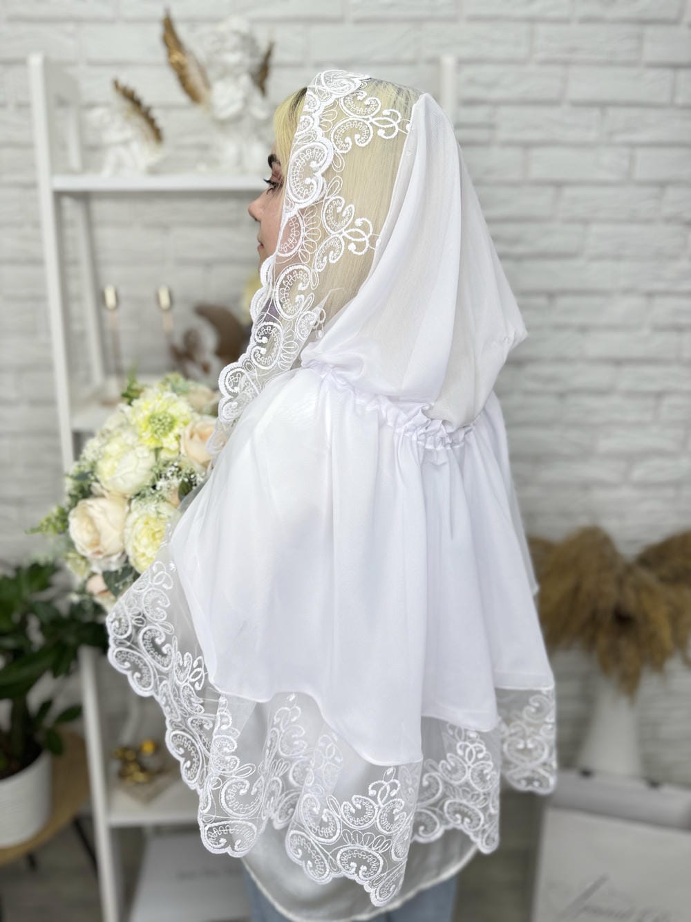 Палантин в церковь «Белоснежное Крыло», палантин с кружевом