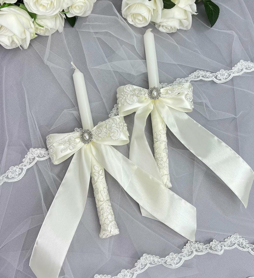 Воскові свічки для Таїнства “Кремовий Гіпюр”, преміум декор ручної роботи