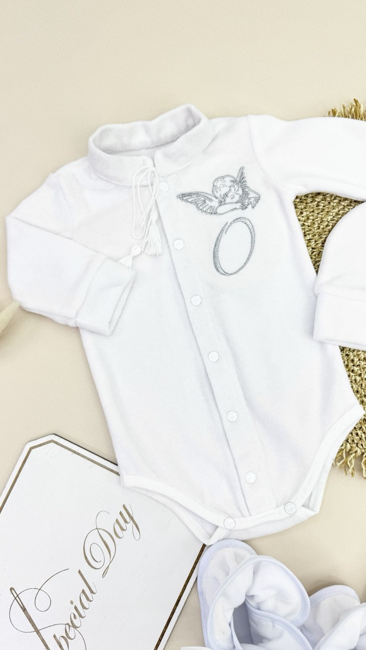 Комплект для крещения «Велюровый Ангел», тёплая одежда, именная вышивка