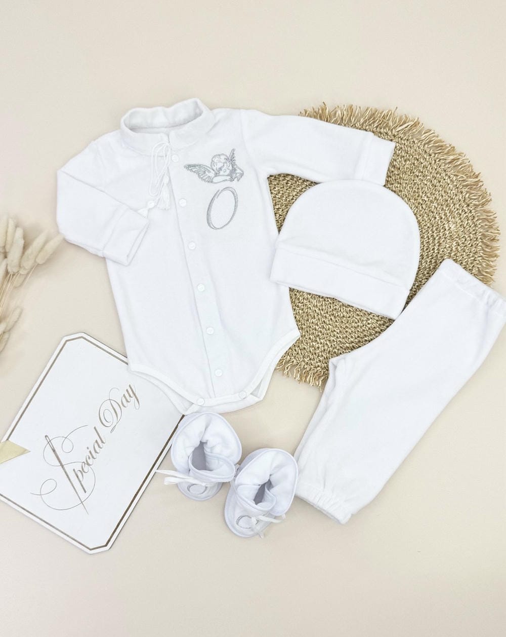 Комплект для крещения «Велюровый Ангел», тёплая одежда, именная вышивка