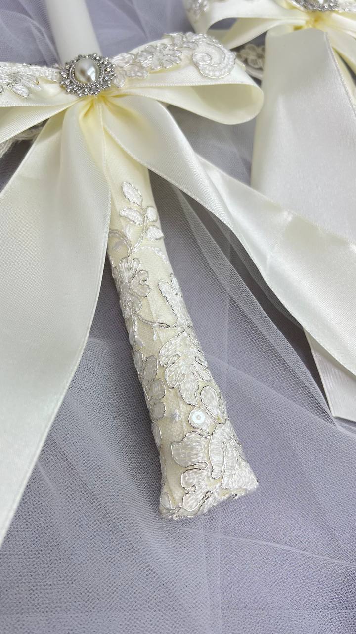 Воскові свічки для Таїнства “Кремовий Гіпюр”, преміум декор ручної роботи