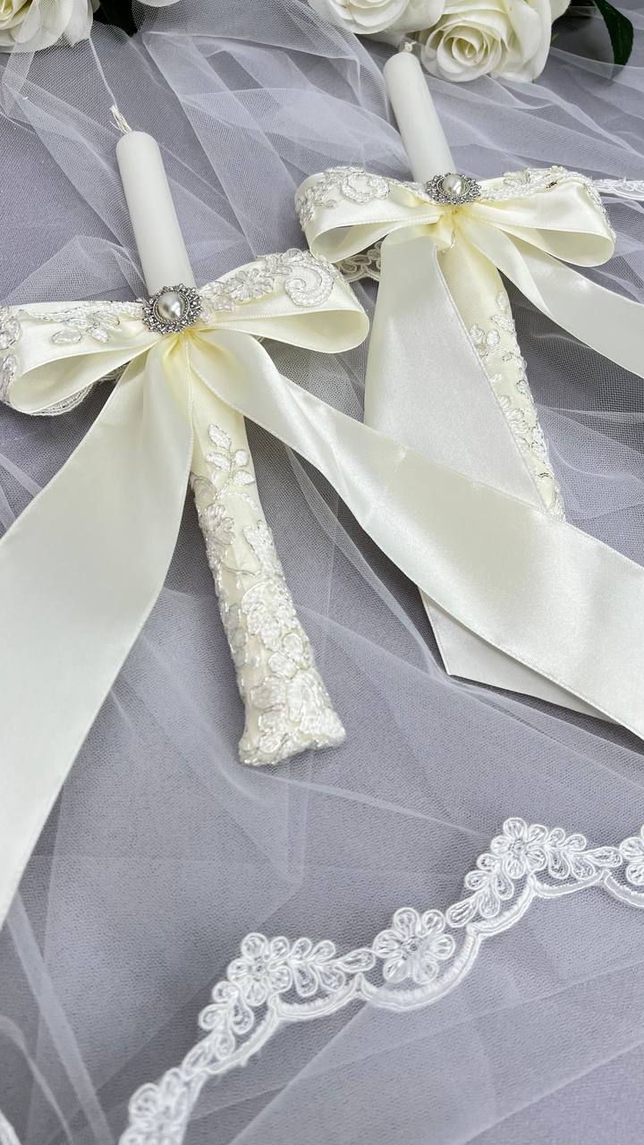 Воскові свічки для Таїнства “Кремовий Гіпюр”, преміум декор ручної роботи