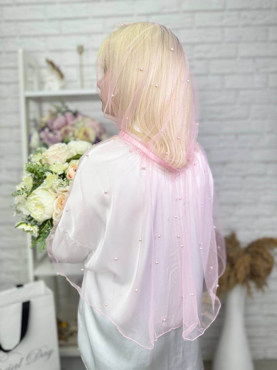 Палантин-капюшон “Пудровий Ангел” для хрещеної мами, для церкви