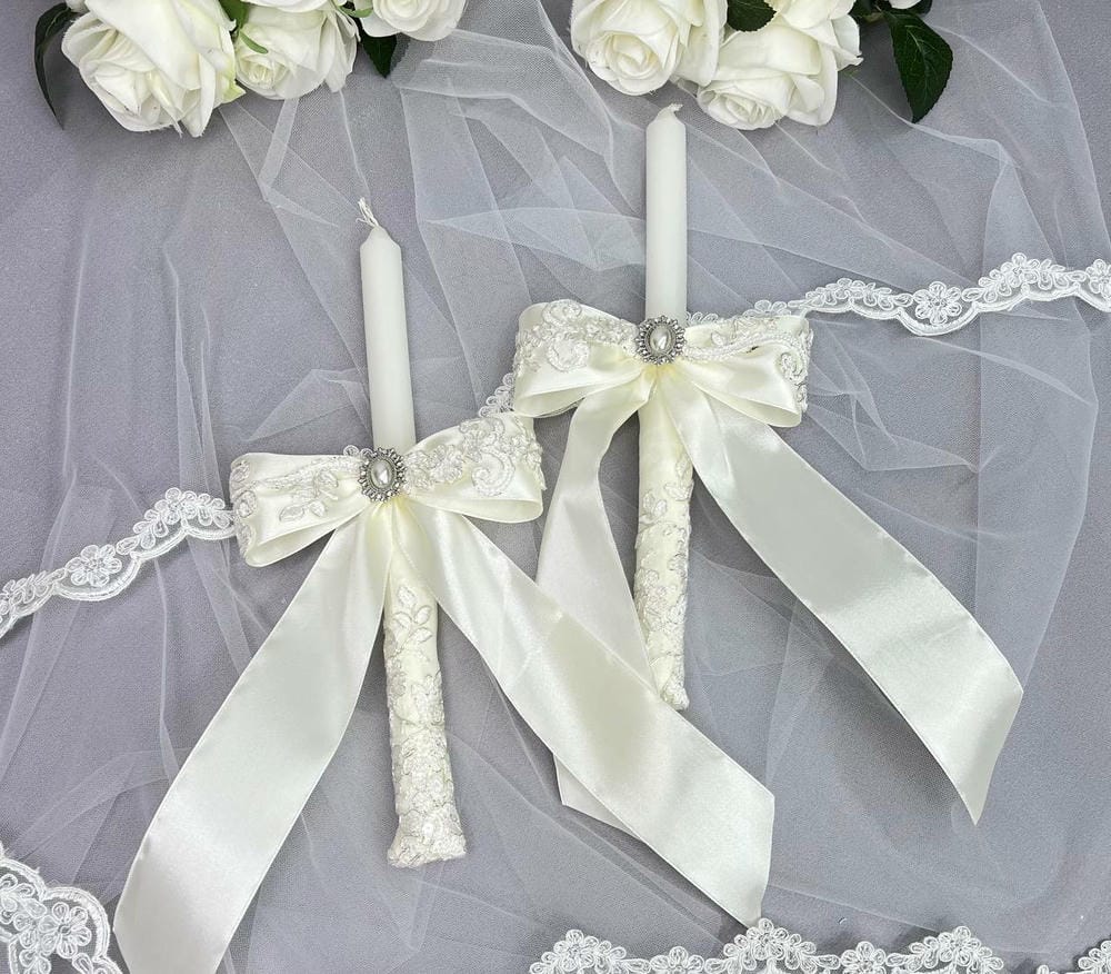 Воскові свічки для Таїнства "Кремовий Гіпюр", преміум декор ручної роботи