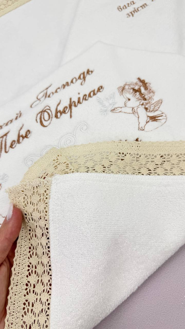 Крижма махровая «Льняной Оберег», льняное кружево, с вышивкой