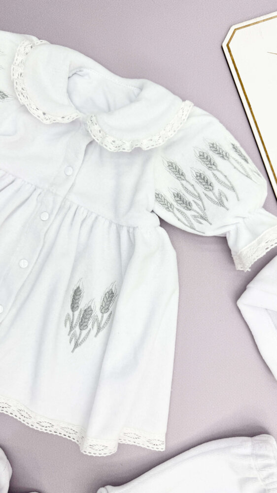 Теплий хрестильний набір одягу для дівчинки “Silver Star” з білого велюру