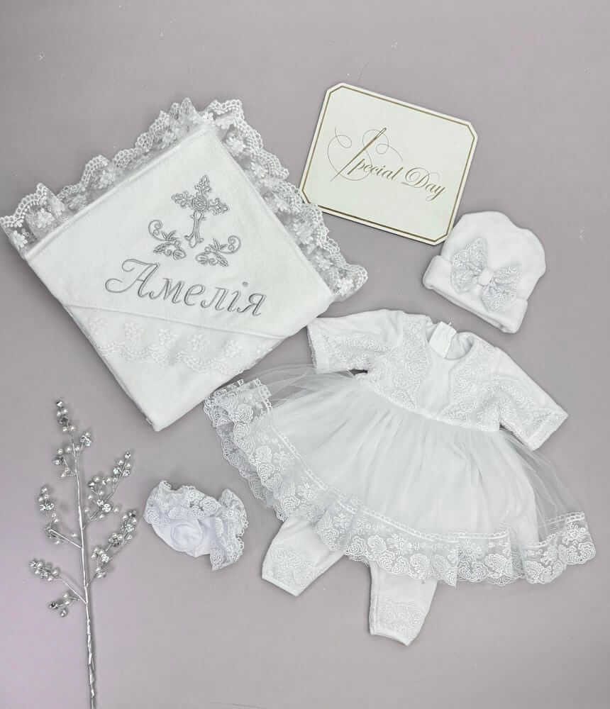 Набір на хрещення з крижмою та велюровим одягом "Срібне сяйво"
