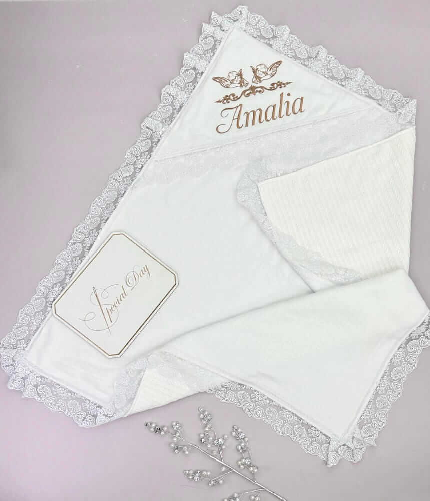 Велюрова крижма-плед “Елегантність” з в’язкою косичка та мереживом