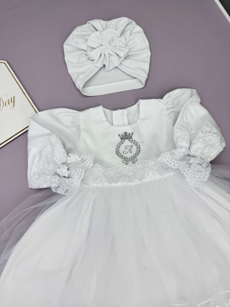 Хрестильний набір для дівчинки «Срібна Княжна»: крижма-плед та сатинова сукня