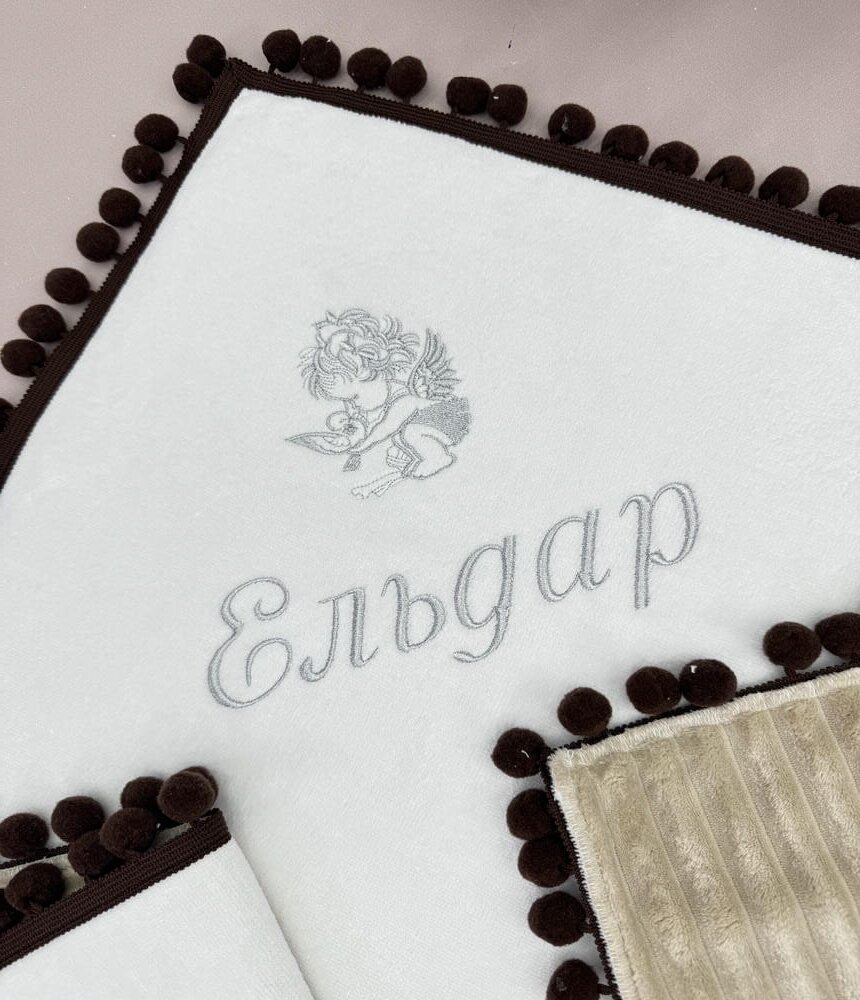 Крыжма-плед «Chocolate Silver» без капюшона: белая велюровая махра и коричневый плюш