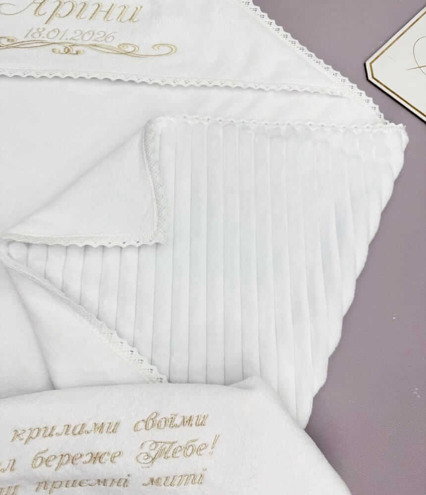 Преміальна крижма-плед “Soft Cloud” з білої велюр-махри та бавовняного мережива