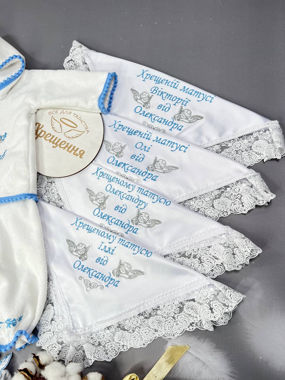 Полный крестильный набор «Небесная опека»: крыжма-плед, костюм и аксессуары