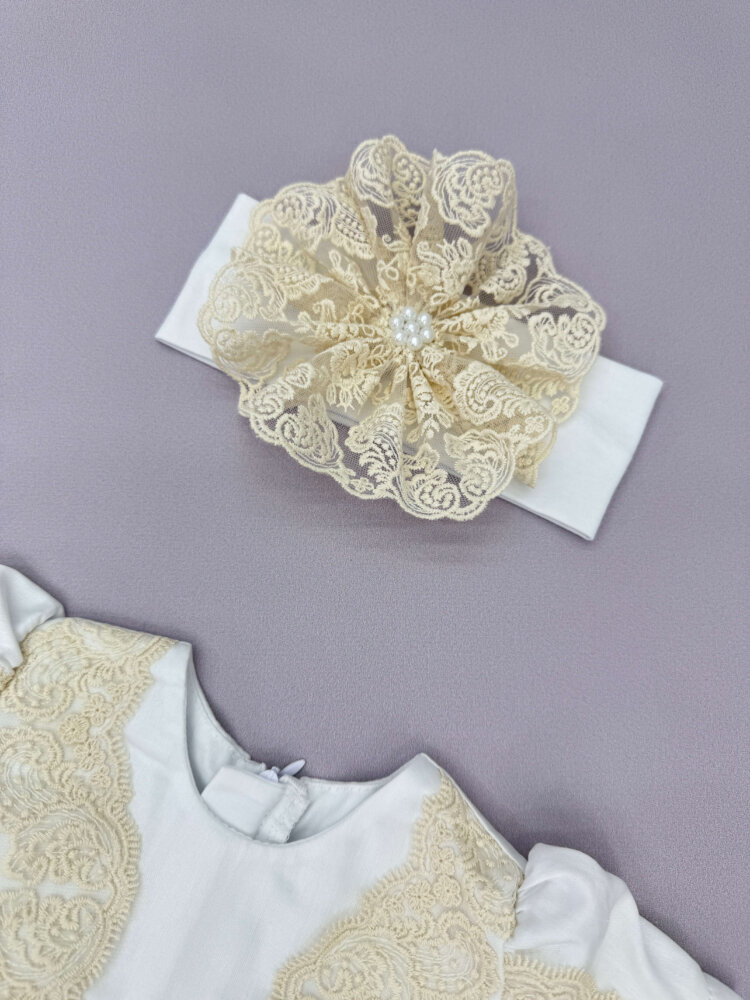 Крестильный набор для девочки «Beige Charm»: сатиновое платье, повязка и носочки