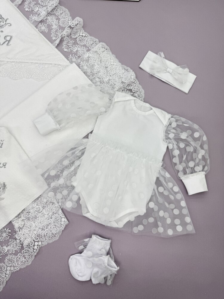 Нарядный набор для девочки «White Polka Dot»: боди с юбкой, повязка и носки