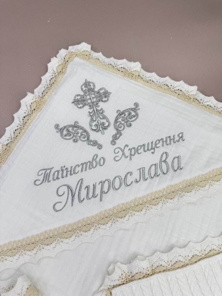 Утеплена муслінова крижма-плед «Silver Braid» з в’язкою косичка