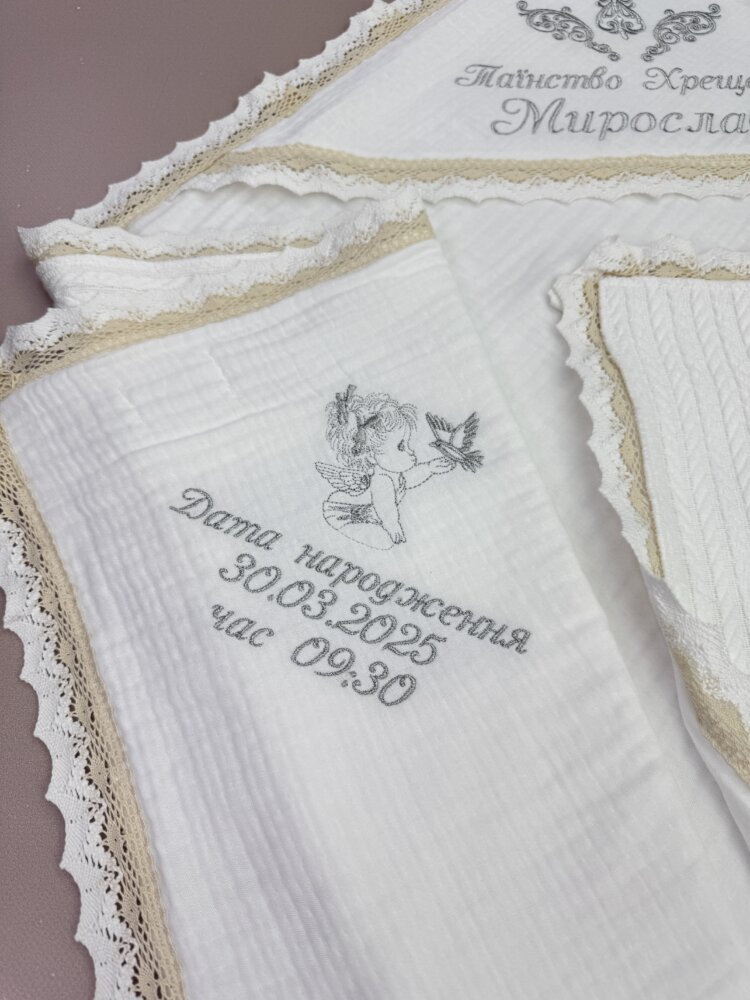 Утеплена муслінова крижма-плед «Silver Braid» з в’язкою косичка