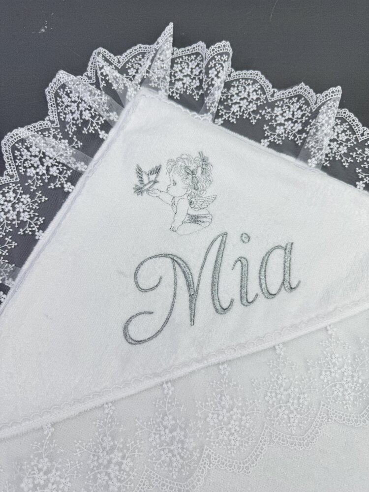 Крестильный набор «Silver Turkish Lace»: крыжма из велюр-махры и сатиновый мешочек