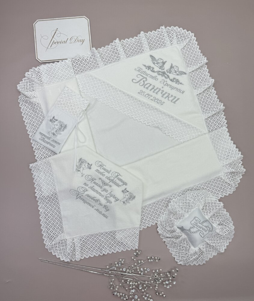 Крестильный набор «Silver Tradition»: крыжма из велюр-махры, мешочек для локона и подушечка