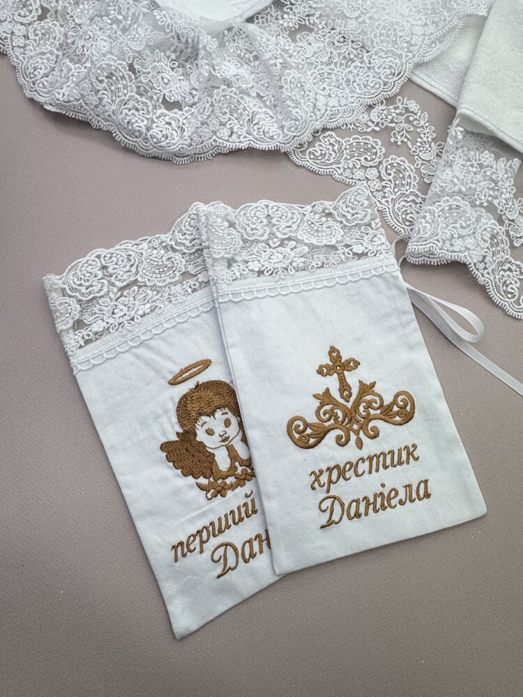 Іменний хрестильний набір «Chocolate Lace»: крижма, конверт та аксесуари