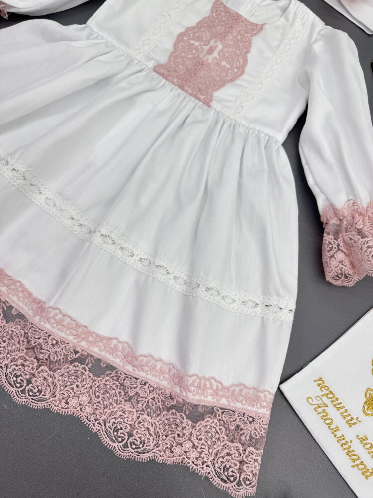 Крестильный набор для девочки «Pink Peony»: сатиновое платье и аксессуары