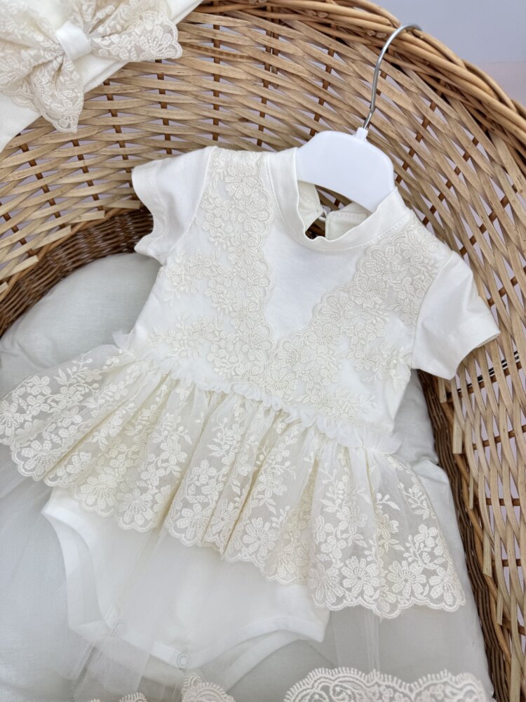 Крестильный набор для девочки «Mocha Lace»: крыжма из велюр-махры и боди-платье