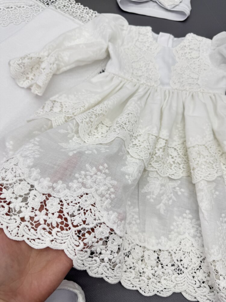 Полный крестильный набор «Royal Batiste»: крыжма, платье, шапочка, пинетки и мешочек