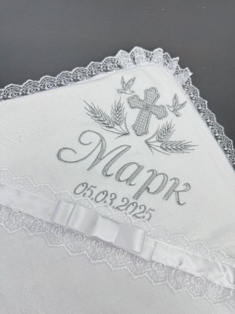 Крестильная крыжма «Silver Bow» из велюр-махры с атласным бантом