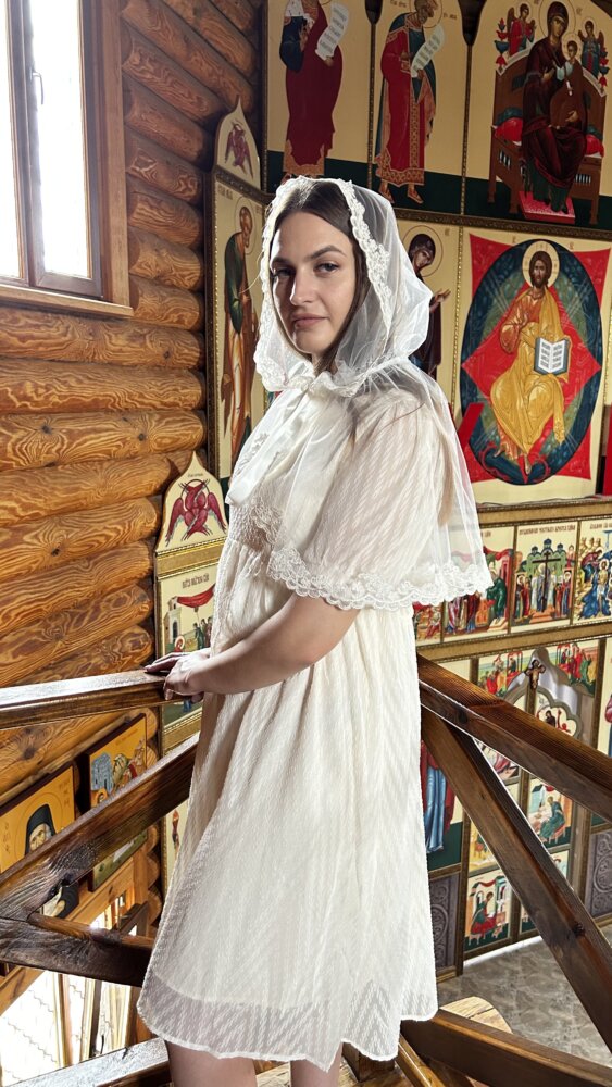 Палантин-капюшон для храму «Milk Silk» з фатину та кордового мережива