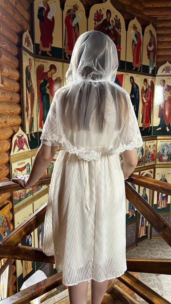 Палантин-капюшон для храму «Milk Silk» з фатину та кордового мережива