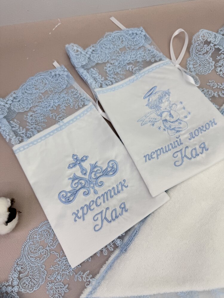 Набор мешочков «Azure Sky» для крестика и локона с голубым кружевом