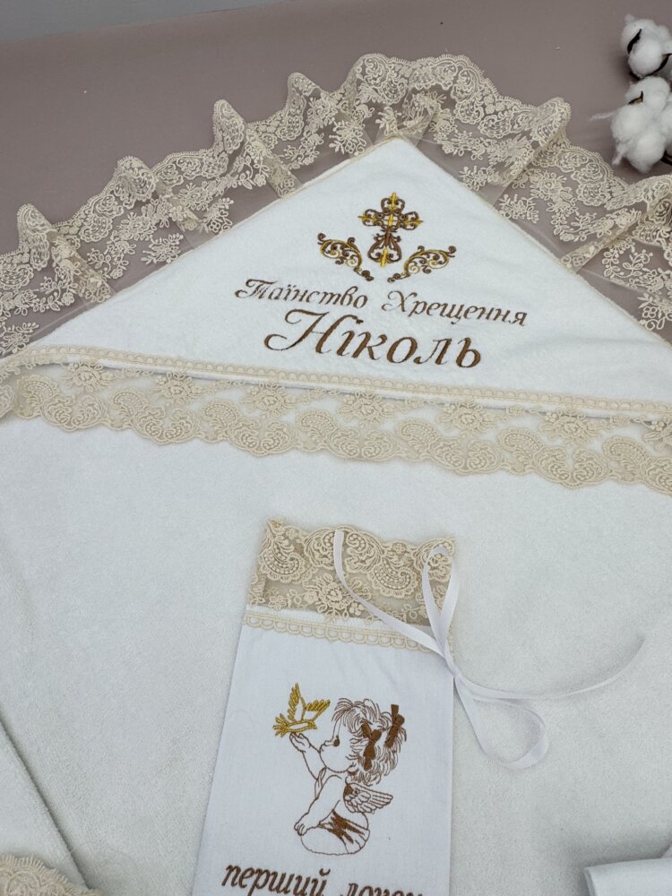 Крестильный VIP-набор «Chocolate Gold»: крыжма, платье, повязка и аксессуары