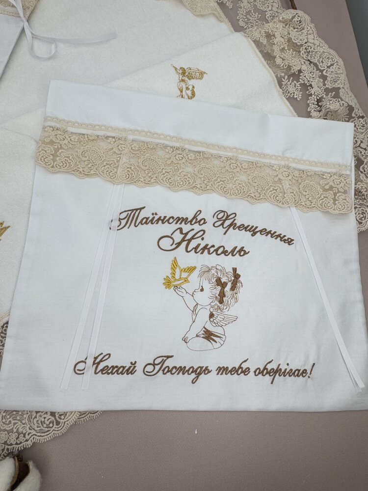 Крестильный VIP-набор «Chocolate Gold»: крыжма, платье, повязка и аксессуары