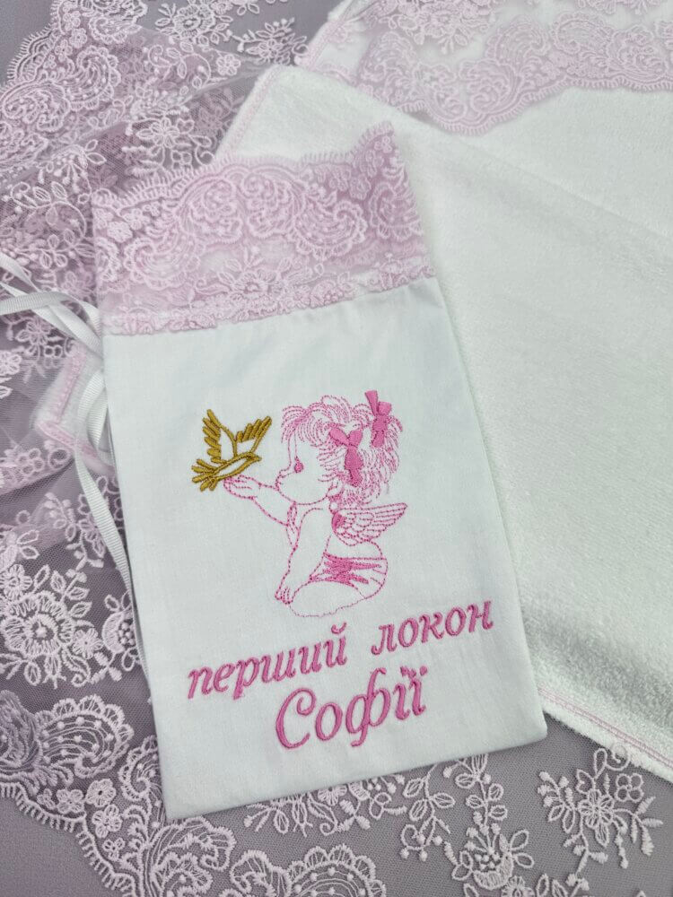 Сатиновый мешочек для локона «Powder & Gold» с пудровым кружевом