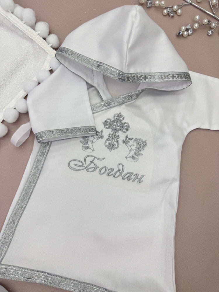 Удлиненная крестильная рубашка «Silver Grace» из сатина с капюшоном