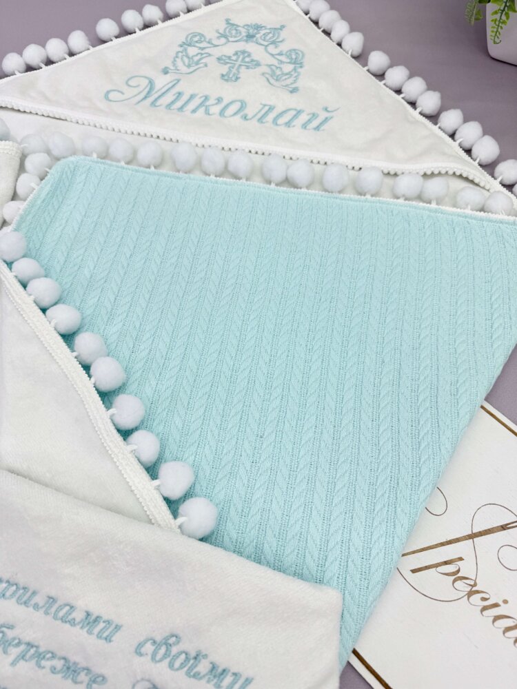 Крыжма-плед «Turquoise Dream» из велюр-махры и бирюзового полотна «косичка»