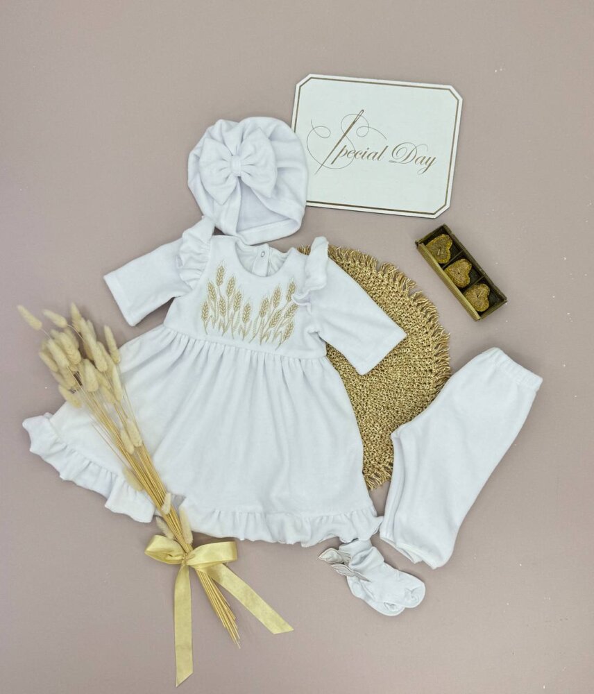 Детский комплект одежды «Золотистые колоски»: велюровое платье, шапочка, лосины и носочки