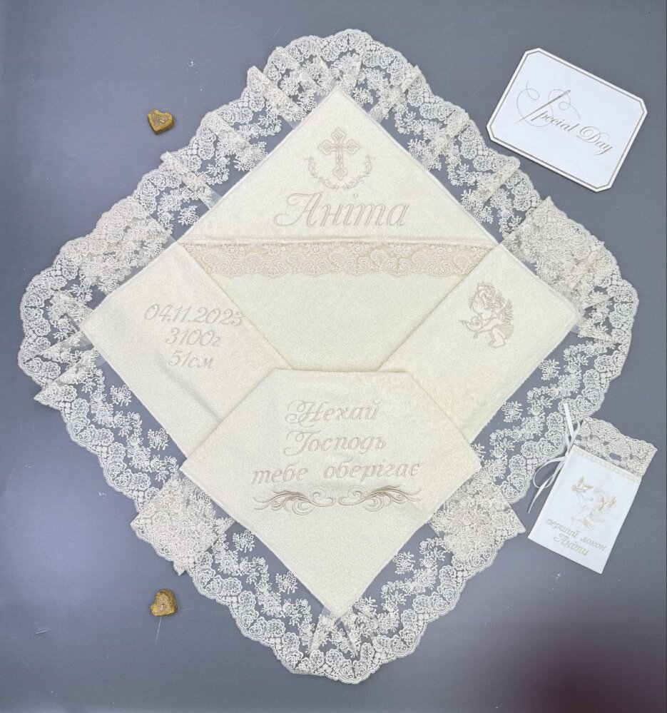 Элитный именной набор для крещения «Кремовая Метрика»