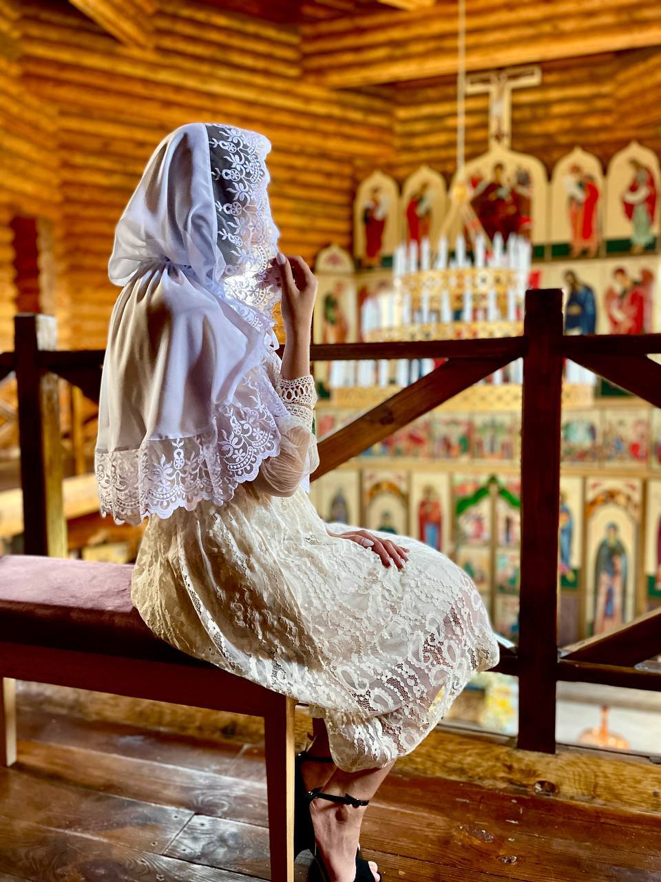 Шифоновий палантин для храму «Ангельська Вуаль» з мереживом